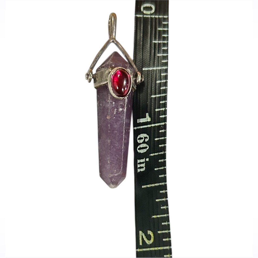 Vintage 90s 925 Sterling Silver Amethyst & Ruby Gem Stone Artisan Pendant - Picture 4 of 9